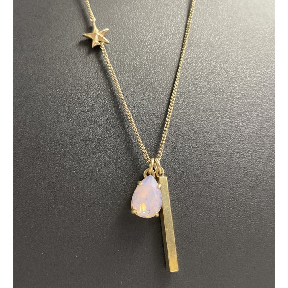 J Crew Long Necklace Rhinestone Bar Charm Star Gold Tone Jewelry